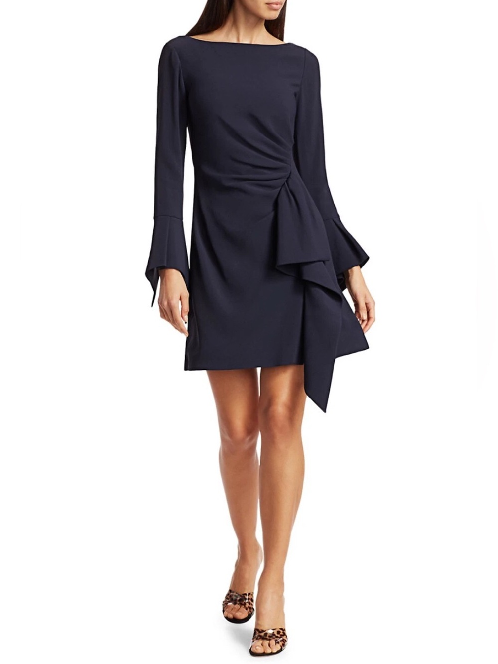 Jonathan Simkhai Crepe Ruffle Dress 4 Midnight Blue Boatneck Bell Sleeves $595
